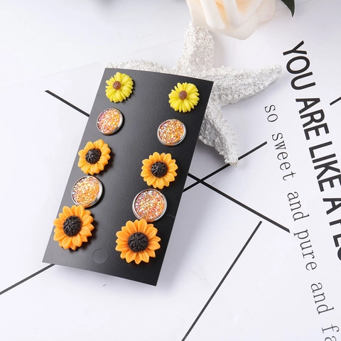 Zonnebloem En Druzy Oorknopjes Roestvrij Staal Hars Floraal Zomer Pastorale Sieraden Voor Vrouwen