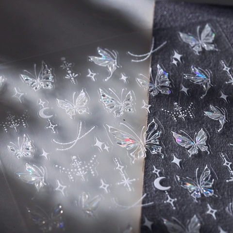 Autocollants Ongles Papillon Holographique Laser Argent Étoile Lune Auto-adhésif Ultra Mince DIY Décoration Manucure