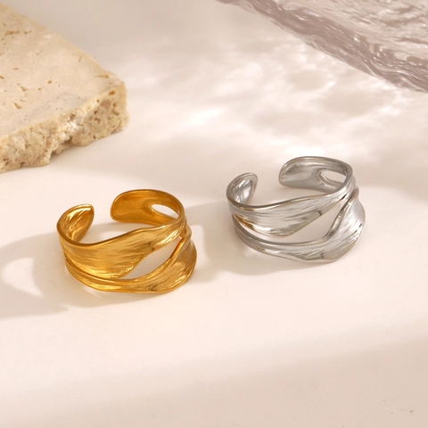 Irregular Wave Open Ring 18K Gold Plated Stainless Steel Adjustable French Retro Style Jewelry For Women