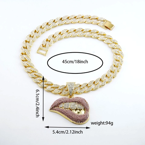 Hip Hop Iced Out Lip Pendant Cuban Chain Necklace Legering Rhinestone Sexy Gepersonaliseerde Mode Streetwear Accessoire