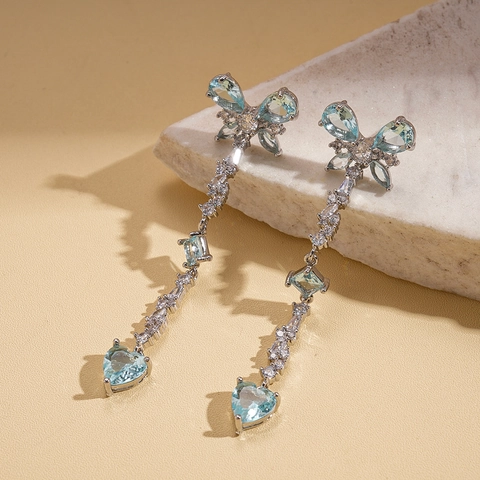 Butterfly Heart Long Tassel Drop Earrings With Silver Earring Post Copper Zircon Luxury Fashion Women