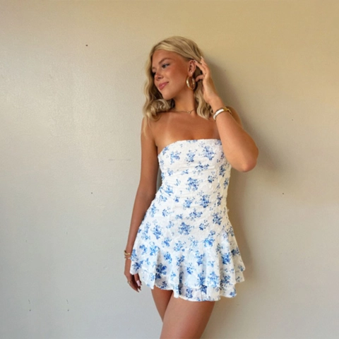 Floral Print Mini Kleid Damen Trägerlos Tube Top Rüschen Saum Sexy Schlanke Passform Urlaub Polyester Spandex