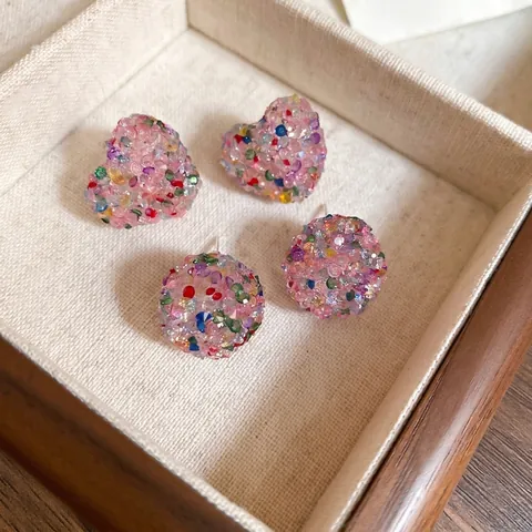 Colorful Rhinestone Round Heart Stud Earrings With Silver Earring Post Shiny Resin Candy Color Jewelry For Women