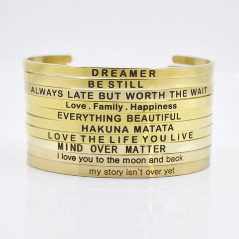 Cuff Bracelet Gold Plated Stainless Steel Engraved Inspirational Quote Open Bangle Minimalist Jewelry For Women