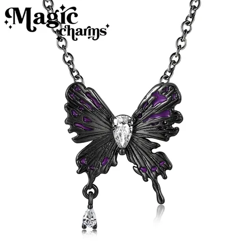 Collana con Ciondolo a Farfalla in Argento Sterling 925 Oro Nero Smalto Viola Gotico Dark Style Gioielli in Strass per Donna