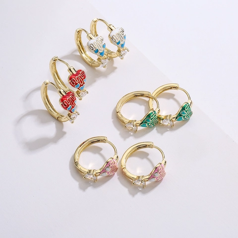 18K Gold Plated Copper Huggie Hoop Earrings Melting Enamel Heart Zircon Inlaid Trendy Sweet Style Jewelry For Women