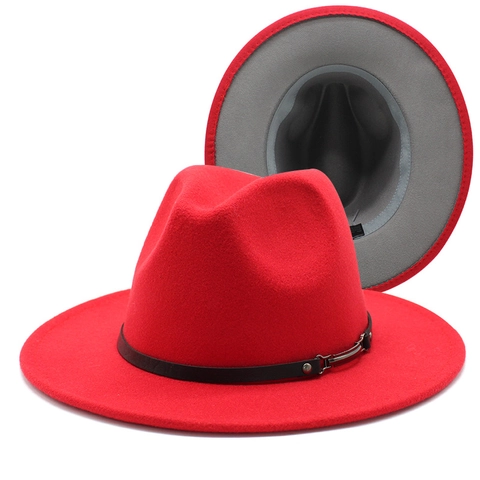 Kontrastfarbener Filz Fedora Hut Flache Breite Krempe Vintage Jazz Kappe Mit Lederband Metallschalle Für Herren Damen