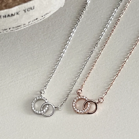 925 Sterling Silver Interlocking Double Ring Necklace Micro Set Cubic Zirconia Geometric Clavicle Chain Jewelry For Women
