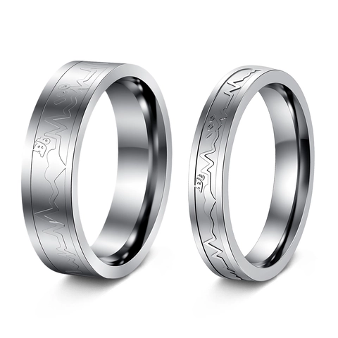 Bague Vague Battement De Coeur EKG Acier Inoxydable Pouls Coeur Montagne Gravé Poli Bijoux Pour Couples Hommes Femmes