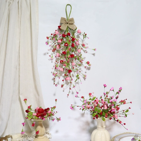 Ornamento Appeso Vite Cuore San Valentino Fiore Carta Artificiale Fiocco Lino Ghirlanda Bacca Schiuma Matrimonio Decorazione Casa