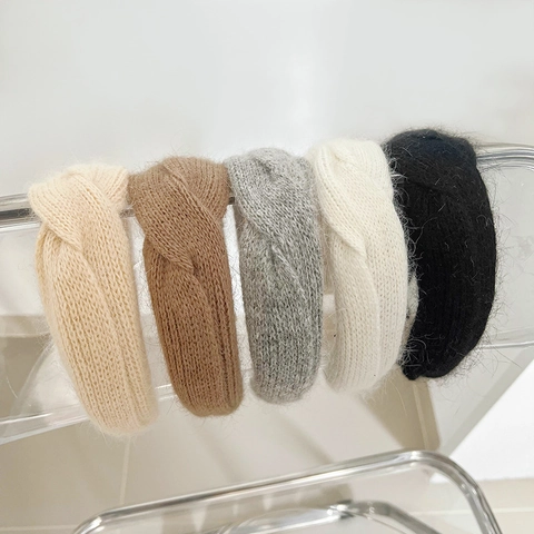 Women Knitted Plush Headband Winter Autumn Warm Mohair Like Wide Knot Hairband Solid Color Elegant Hair Accessories