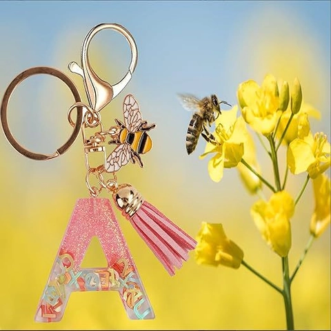 Llavero de Letra Inicial de Resina Con Abeja de Esmalte y Borla Mujeres Alfabeto de Brillo Colgante de Bolso Accesorio Decorativo Hecho a Mano