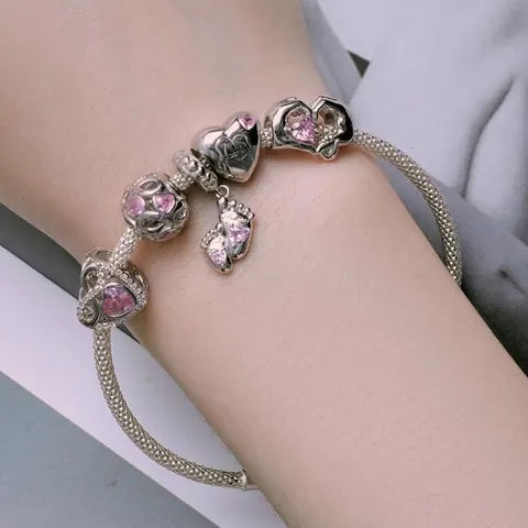925 Sterling Silver Heart Charm Beads With Pink Zirconia For Bracelet Mother Day Mom Love Theme Jewelry Accessory