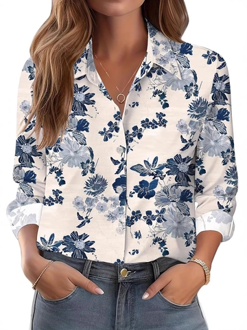 Women Fashion Casual Print Blouse Shirt Long Sleeve Lapel Button Up Polyester Floral Stripe Abstract Ink Commute