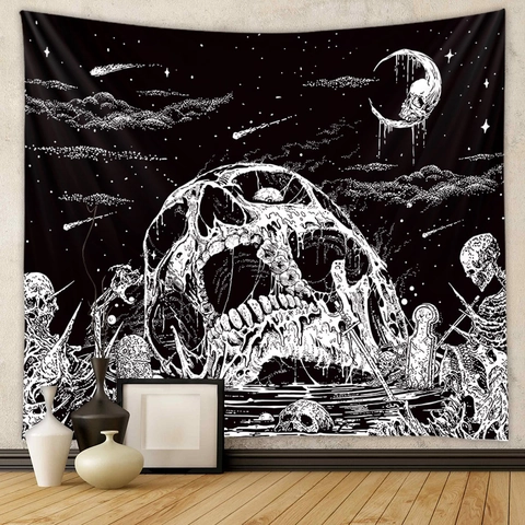Arazzo Teschio Fondente Gotico Decorazione Parete Nero E Bianco Poliestere Luna Stelle Arte Scura