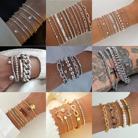 Braccialetti Impilabili Moda Donna Lega Alluminio Ferro Plastica Catena Cuore Farfalla Croce Ciondolo Hip Hop Gioielli Regolabili