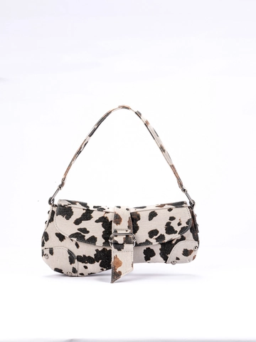 Cow Print Unterarm Schultertasche Leinwand Asymmetrisch Y2K Streetwear Stil Klappverschluss Mit Nieten Für Damen