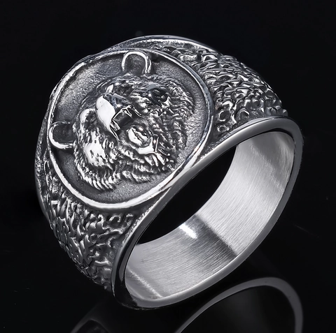 Men Vintage Bear Head Stainless Steel Ring 3D Relief Punk Biker Gothic Distressed Flame Pattern Individual Jewelry
