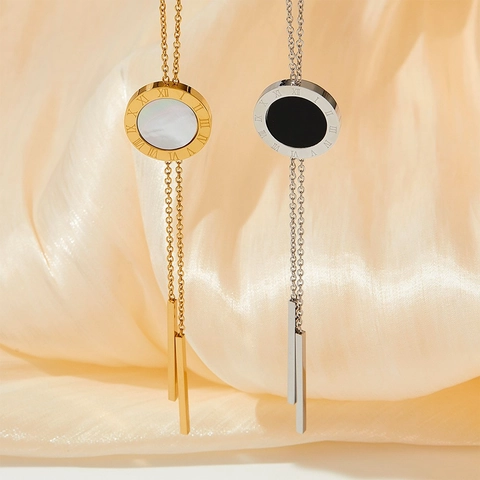 Stainless Steel Necklace For Women Round Disc Roman Numerals Mother Of Artificial Pearl Double Sided Tassel Long Chain Jewelry