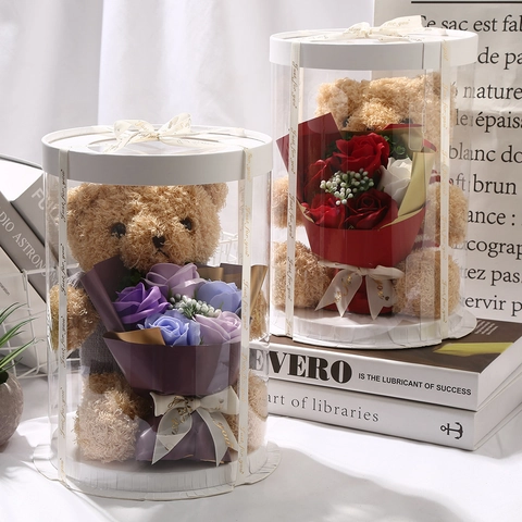 Plush Teddy Bear With Soap Flower Bouquet In Transparent Gift Box Romantic Anniversary Birthday Present For Her