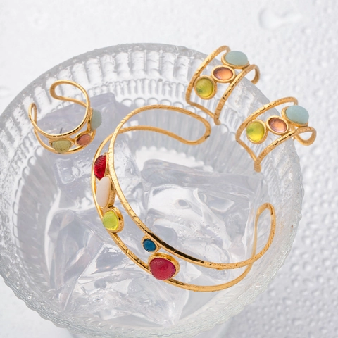 Vintage French 18K Gold Plated Stainless Steel Hoop Earrings Unique Spanish Niche Geometric Jewelry With Colorful Stones