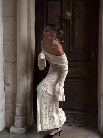 Off Shoulder Maxi Jurk Gebreid Gehaakt Opengewerkt Lange Klokmouwen Elegant Bodycon Vakantie Strand Sexy Lente Dames