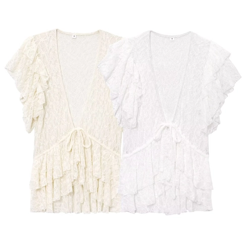 Blusa De Encaje Para Mujer Cuello En V Lazo Delantero Manga Con Volantes Color Sólido Corto Top Casual