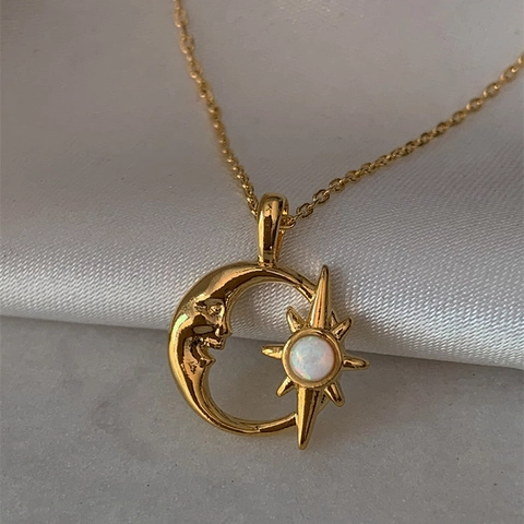 Collana Pendente Luna Stella Sole Rame Con Opale Bianco Design Inciso Catenina Clavicola Gioielli Per Donna