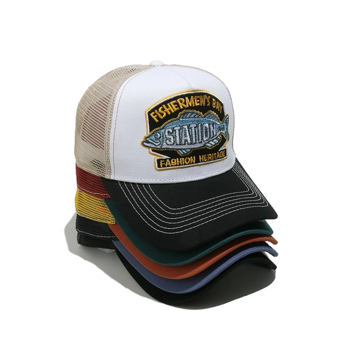 Cappello Trucker Ricamo Pesce Vintage Cotone Rete Traspirante Esterno Protezione Solare Regolabile Per Uomo Unisex