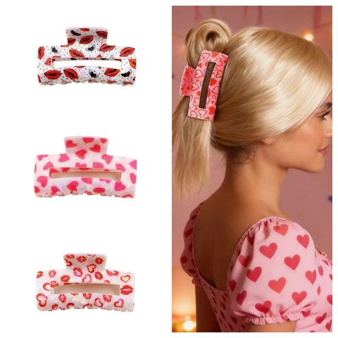 Large Hair Claw Clips Heart Lips Print Plastic Square Shark Hair Clamps For Women Sweet Valentine Day Accessories