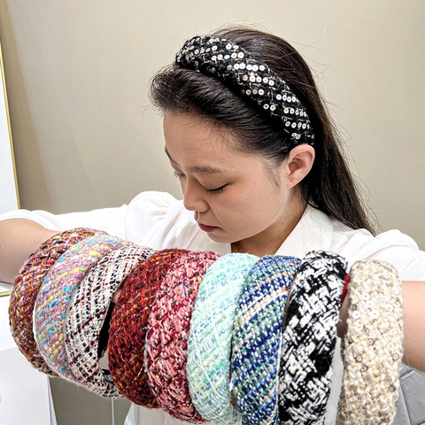 Vintage Tweed Padded Headband Wide Brim Woven Plaid Hair Hoop Elegant Shiny Sequins Hair Accessories For Women Girls