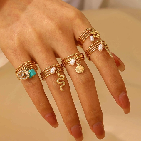 Anelli Aperti Vintage Sole Luna per Donna Boho Animali Marini Stella Marina Tartaruga Delfino Placcato Oro Argento Strass Anello Regolabile Gioielli