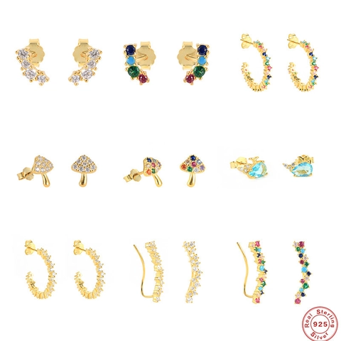 925 Sterling Silver Earrings Gold Plated Cubic Zirconia Mushroom Whale Rainbow Geometric Colorful Sparkly Stud Hoops Jewelry
