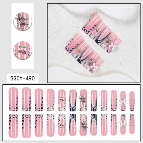 Press On Nails Long Square Pink Leopard Zebra Print With 3D White Bow Cherry Rhinestone Sweet Cool Style For Women