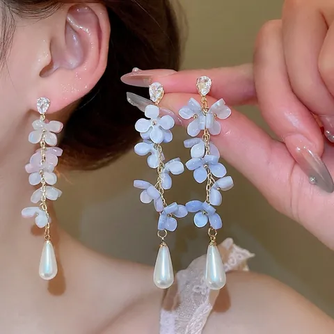 Orecchini Lunghi A Nappa Con Fiore In Resina Perla Artificial Sintetica Zirconia Perno In Argento Sterling 925 Da Donna