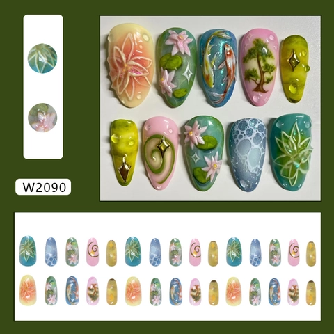 Press On Nagels 3D Reliëf Lotus Koi Vis Ontwerp Handgemaakte Stijl Chinees Oriëntaals Herbruikbare Manicure