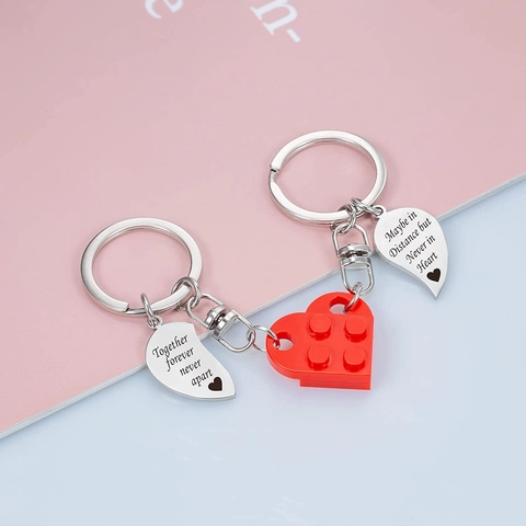 Heart Building Block Splicing Keychain For Couples Best Friends Stainless Steel Engraved Pendant Key Ring Jewelry Gift
