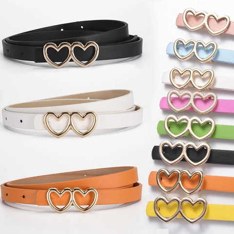 Cintura Sottile in Pelle PU alla Moda per Donna Bambini Fibbia in Lega d'Oro a Doppio Cuore Cintura in Vita Sottile Versatile per Jeans Abiti