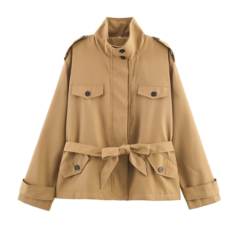 Women Short Trench Coat Khaki Polyester Jacket With Epaulettes Flap Pockets And Tie Waist Belt Casual Outerwear