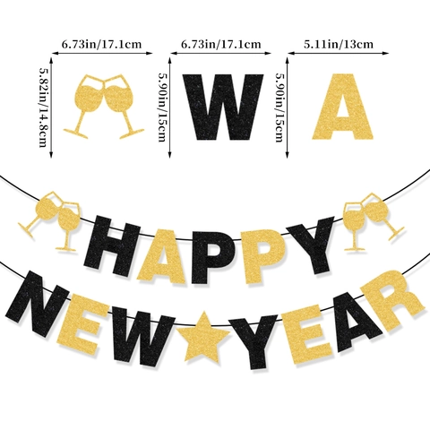 Schwarz Gold Glitzer Happy New Year Banner Für Party Deko Champagnerglas Stern Papier Girlande Festliches Hängeschild