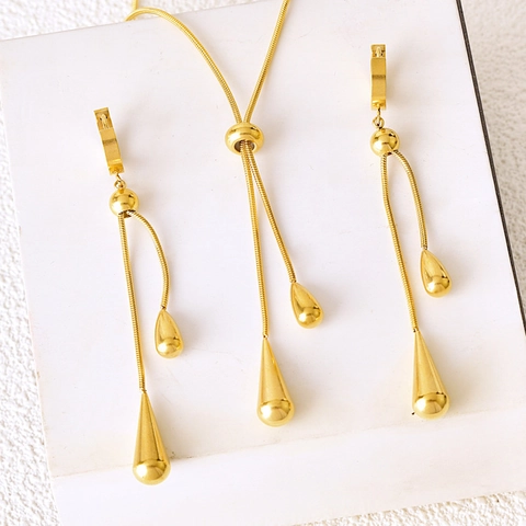 Bijoux Goutte Minimalistes Pour Femmes Acier Inoxydable Plaqué Or Collier Lariat Ajustable Et Boucles D Oreilles