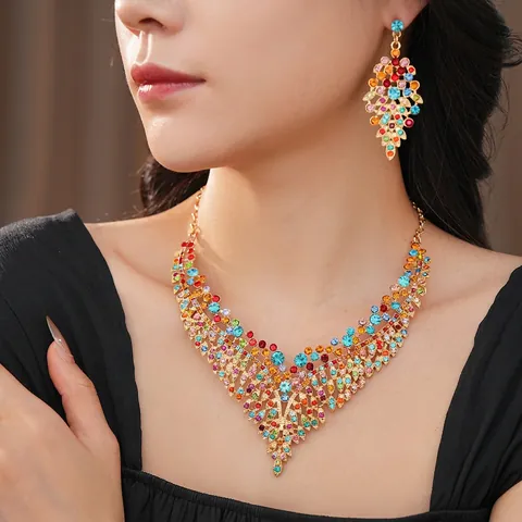 Vintage Blatt Bunte Strass Halskette Und Ohrringe Mit Silbernem Ohrstecker Boho Palast Stil Für Damen