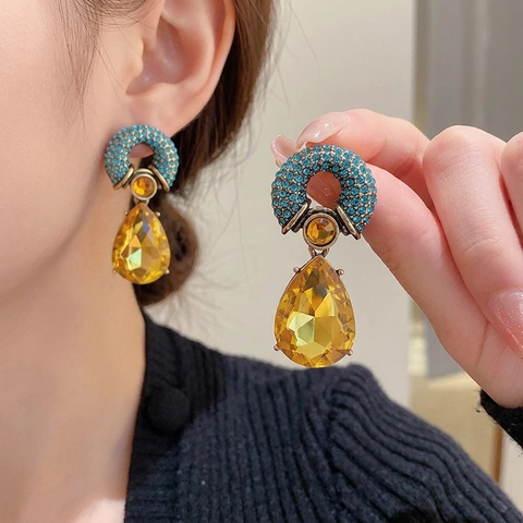 Orecchini A Goccia Vintage Con Cristallo Giallo Strass Blu E Perno In Argento Per Donne