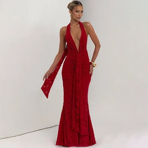 Dames Sexy Diepe V Hals Halter Backless Geplooide Zeemeermin Maxi Jurk Mesh Melk Satijn Elegante Avondjurk