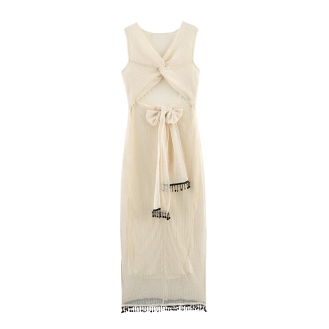 Vestito Maxi In Maglia A Rete Senza Maniche Intagliato Nappe Paillettes Fiocco Schiena Vacanza Elegante Spiaggia Donna Crema