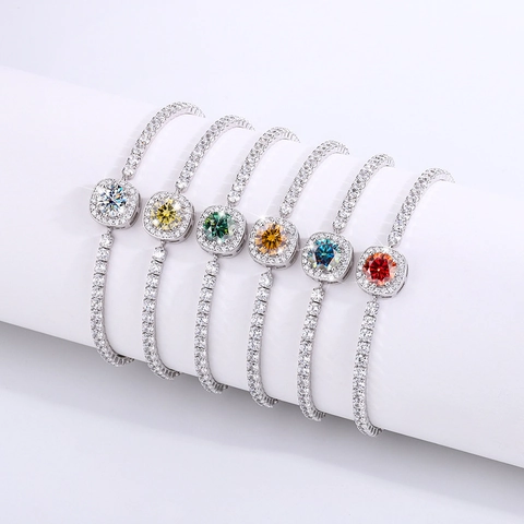 Pulsera de Tenis de Plata de Ley 925 con Moissanita para Mujer Ajustable Halo Cuadrado Circonia Brillante Elegante Joyería de Novia Regalo