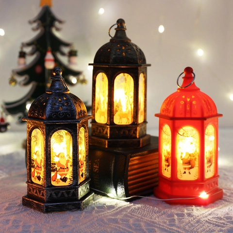 LED Christmas Lantern Night Light Decorative Retro Hanging Electronic Ornament Santa Snowman Deer Plastic Desktop Holiday