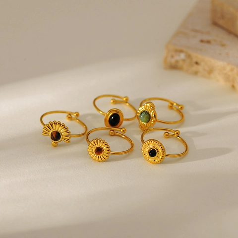 Retro Naturstein Verstellbarer Ring Edelstahl Französisch Vintage Geometrischer Bohemian Schmuck Für Damen