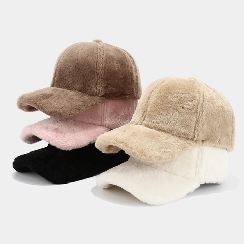 Gorra De Béisbol De Piel Sintética Invierno Cálida Felpa Color Sólido Visera Curva Ajustable Deporte