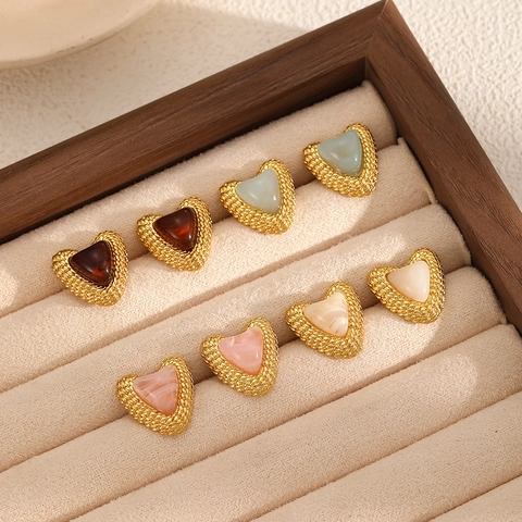 Vintage Heart Stud Earrings With Gold Braided Stainless Steel Border And Marble Resin Center Elegant Jewelry For Women